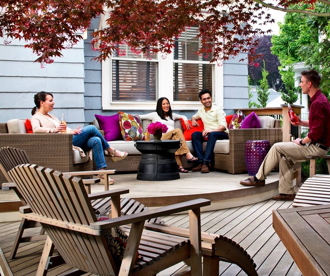 wood deck with people in couch